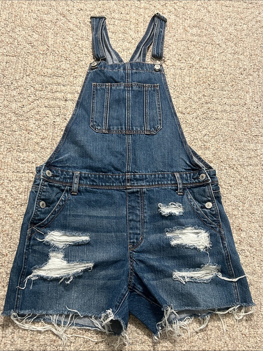 American Eagle Distressed Denim Short Overalls - Dark Blue Medium